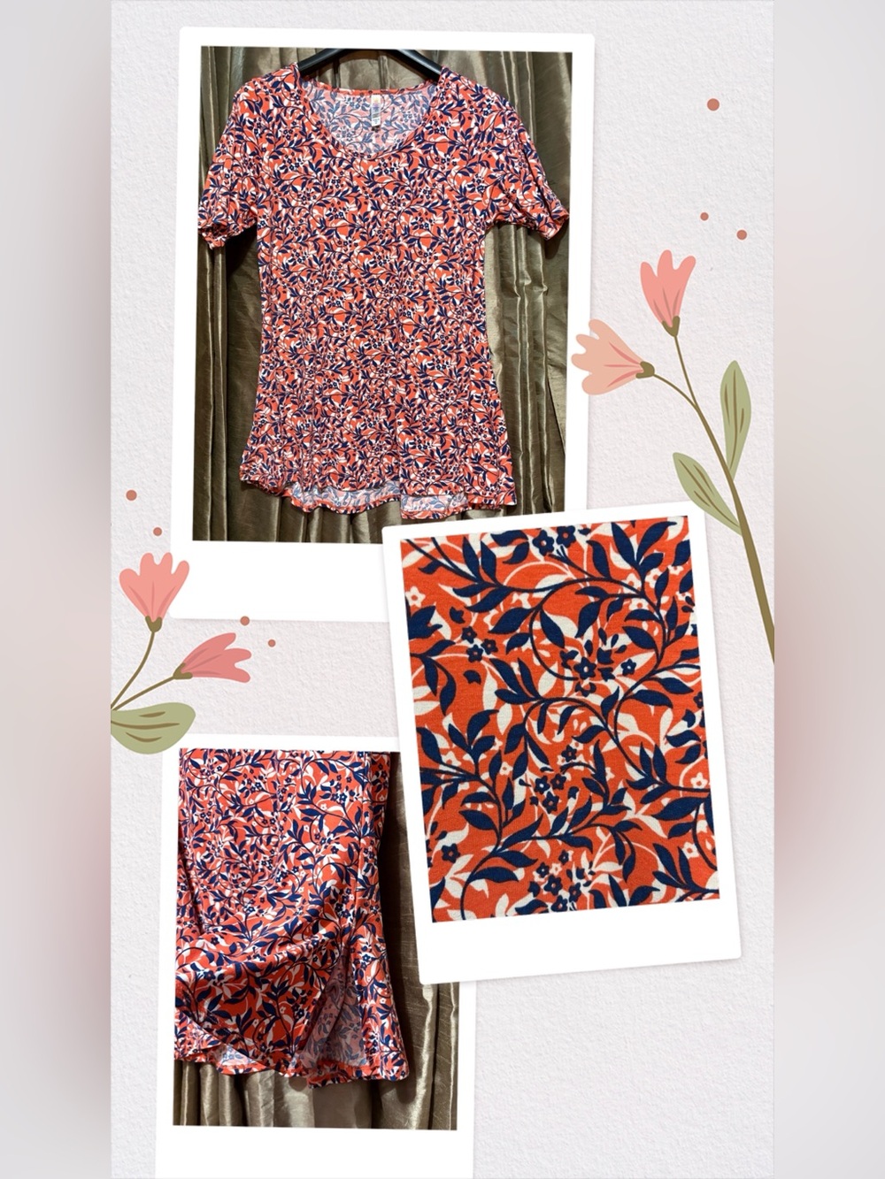 LuLaRoe Coral and Navy Floral Scoop Neck Tee #1904